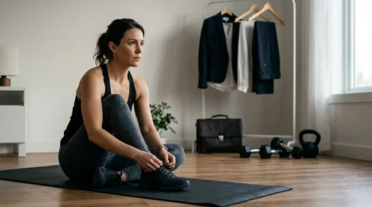 Business professional balancing gym and work life