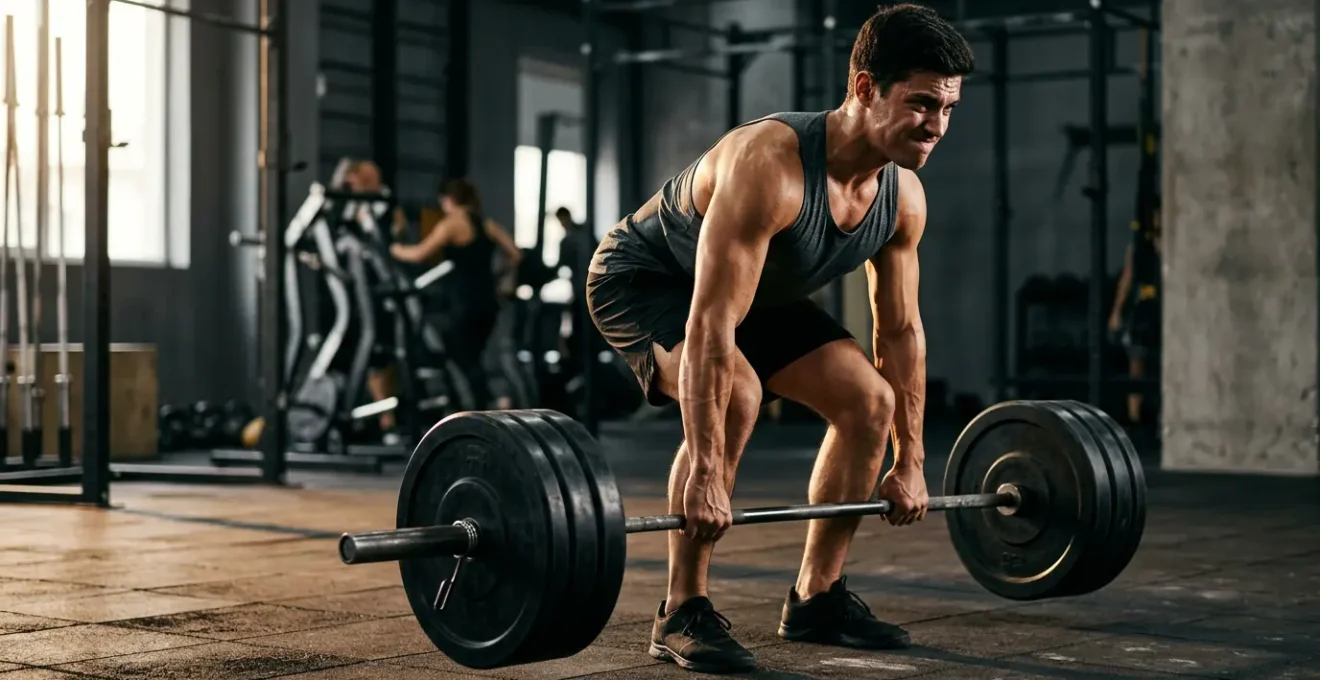 Athletic man with lean physique performing compound lift in modern gym with dramatic lighting highlighting muscle definition