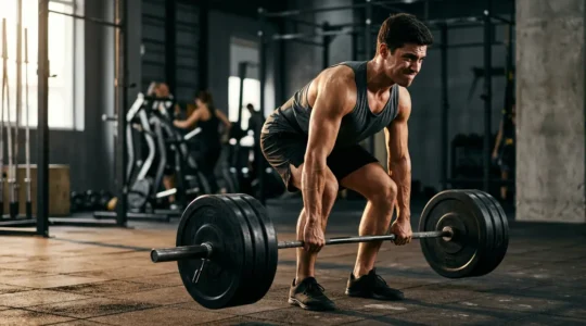 Athletic man with lean physique performing compound lift in modern gym with dramatic lighting highlighting muscle definition