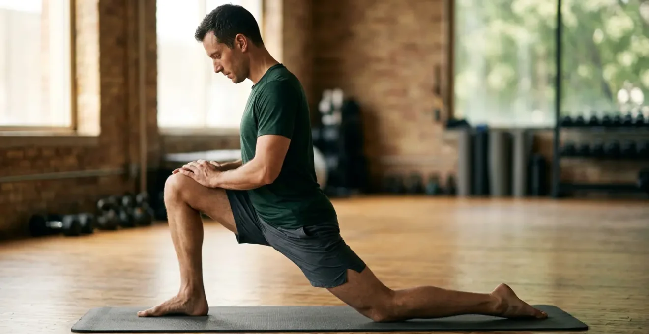 Man in his 30s performing controlled hip mobility exercise in modern fitness environment