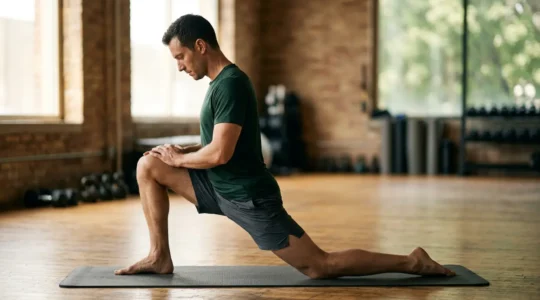 Man in his 30s performing controlled hip mobility exercise in modern fitness environment