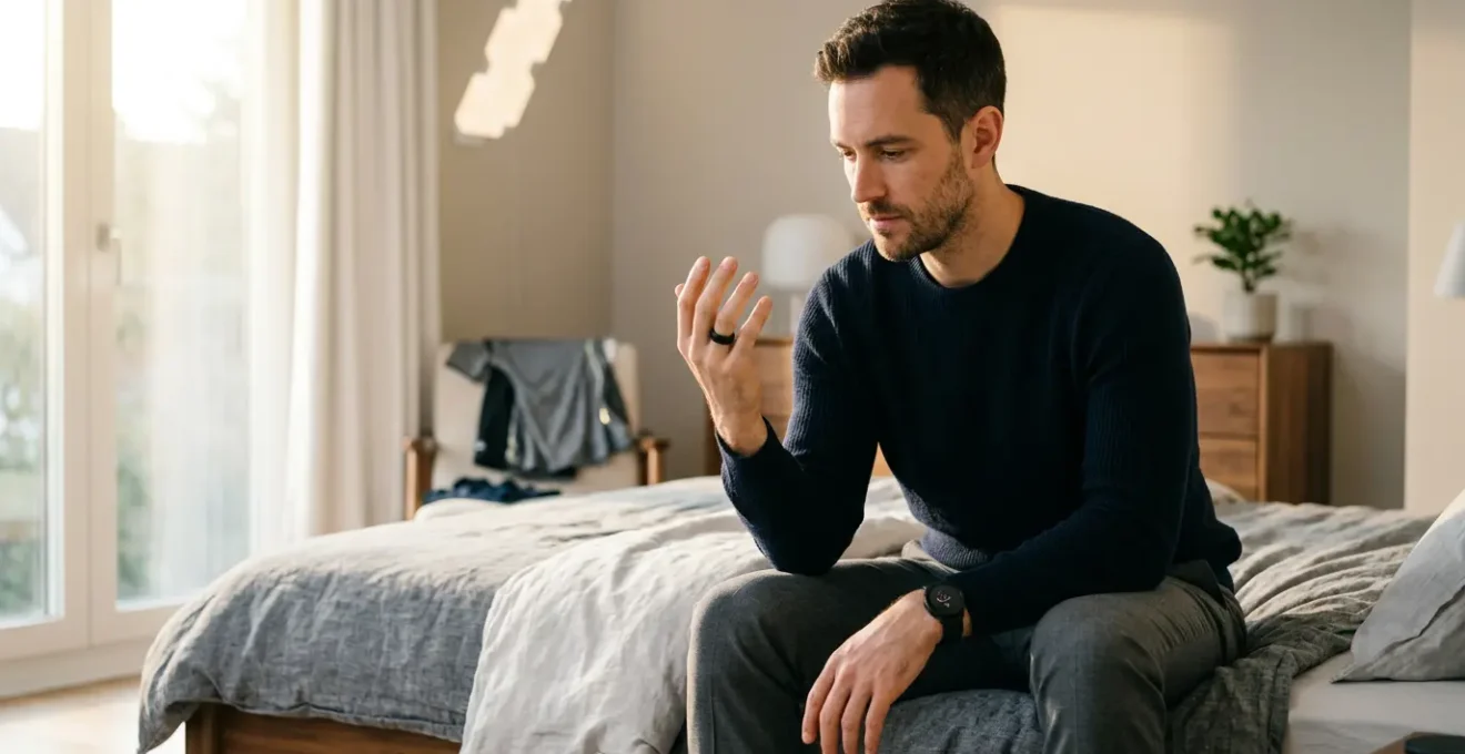 Man analyzing sleep data from wearable device on morning bed with smart home setup