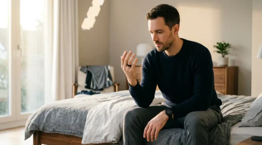 Man analyzing sleep data from wearable device on morning bed with smart home setup