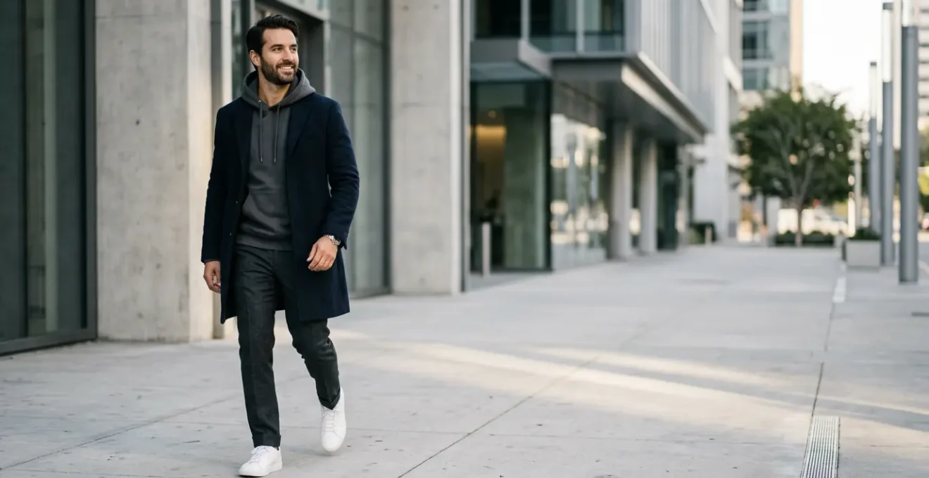 Stylish man over 35 wearing sophisticated streetwear combination with luxury hoodie and tailored pants