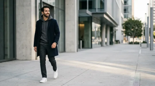 Stylish man over 35 wearing sophisticated streetwear combination with luxury hoodie and tailored pants