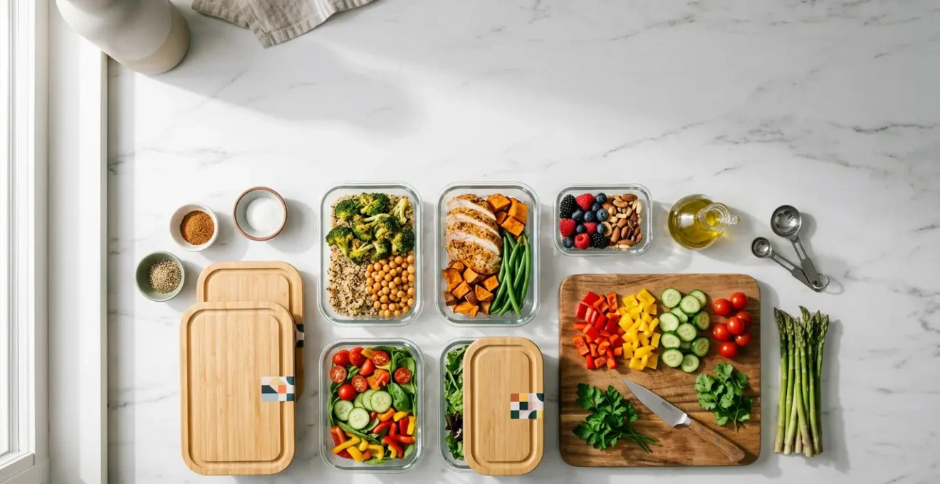 Professional meal preparation setup with organized ingredients and containers on a bright kitchen counter