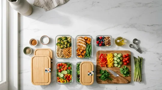 Professional meal preparation setup with organized ingredients and containers on a bright kitchen counter
