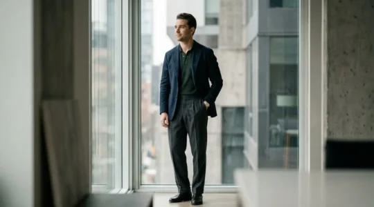 Editorial photograph showcasing contemporary men's fashion trends with sophisticated styling