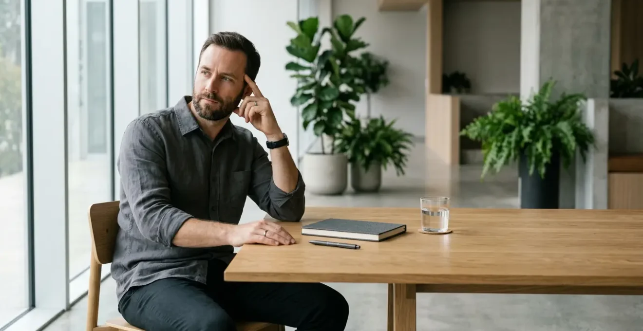 Professional working at a clean desk in natural light showing intense concentration