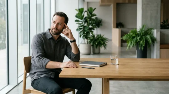 Professional working at a clean desk in natural light showing intense concentration