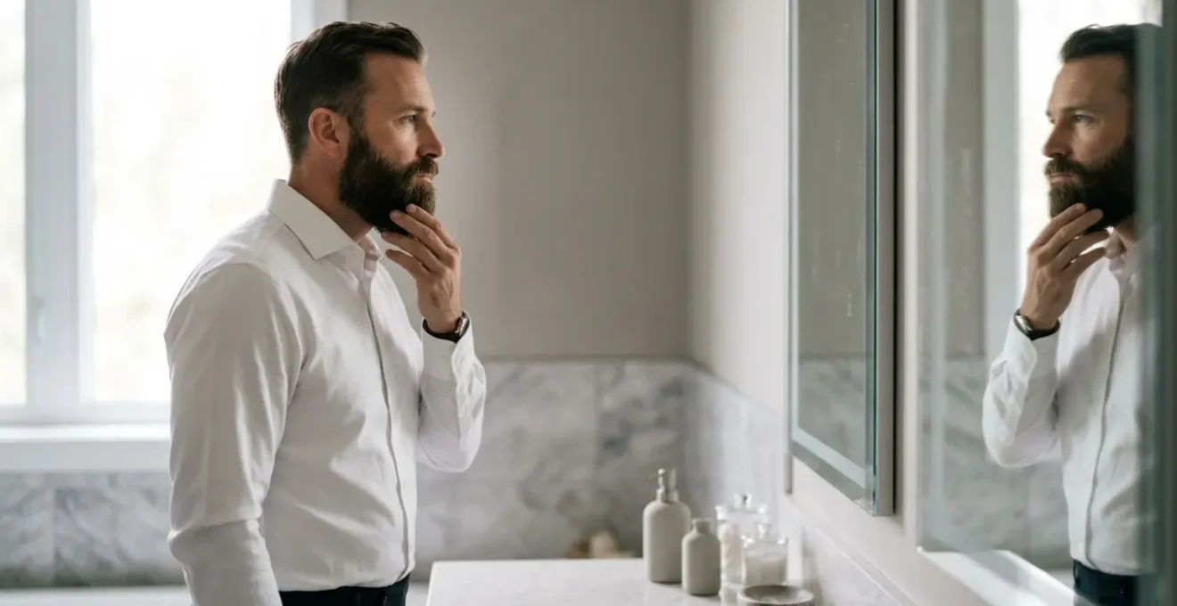 Professional man examining his beard in mirror showing different face shapes