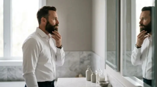 Professional man examining his beard in mirror showing different face shapes