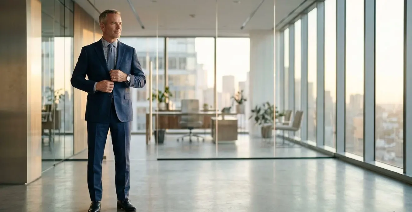 Professional executive in strategically chosen color-coordinated attire standing in modern office environment