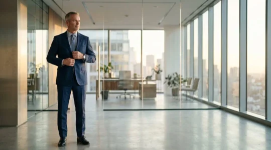 Professional executive in strategically chosen color-coordinated attire standing in modern office environment