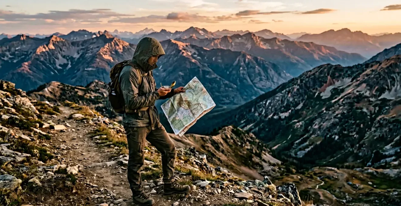 Solo hiker navigating mountain trail with compass at golden hour without digital devices