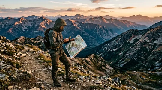 Solo hiker navigating mountain trail with compass at golden hour without digital devices