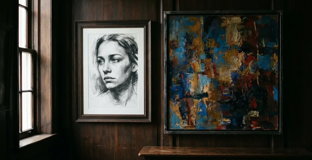 Abstract and figurative artworks displayed together creating visual conversation