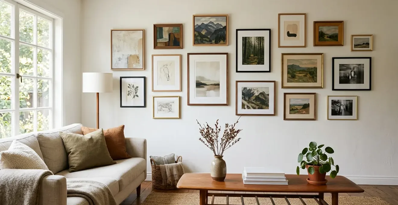 A diverse collection of art pieces displayed on a warm-toned living room wall with natural lighting