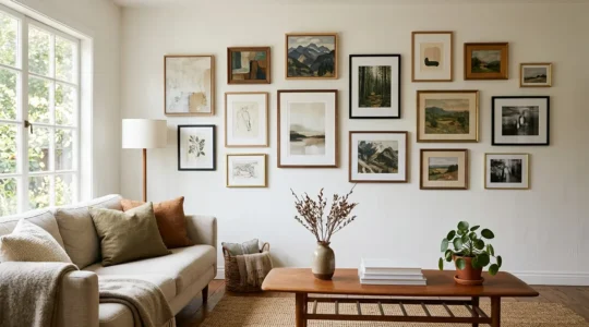 A diverse collection of art pieces displayed on a warm-toned living room wall with natural lighting