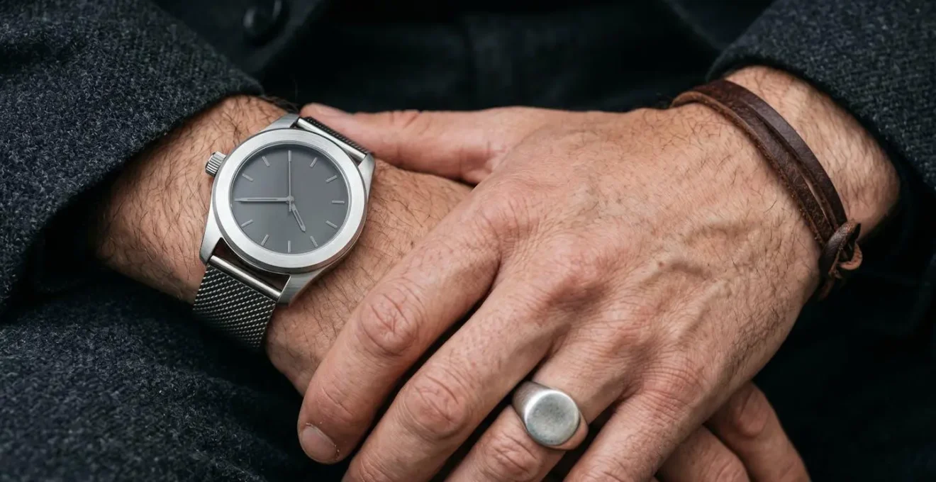Macro photography showing perfectly balanced men's accessories arrangement