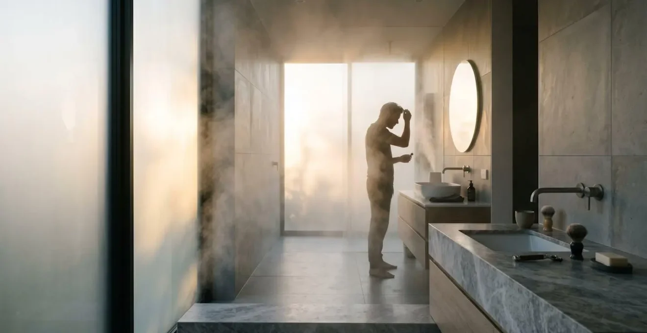 Minimalist bathroom scene with humidifier creating soft mist in morning light