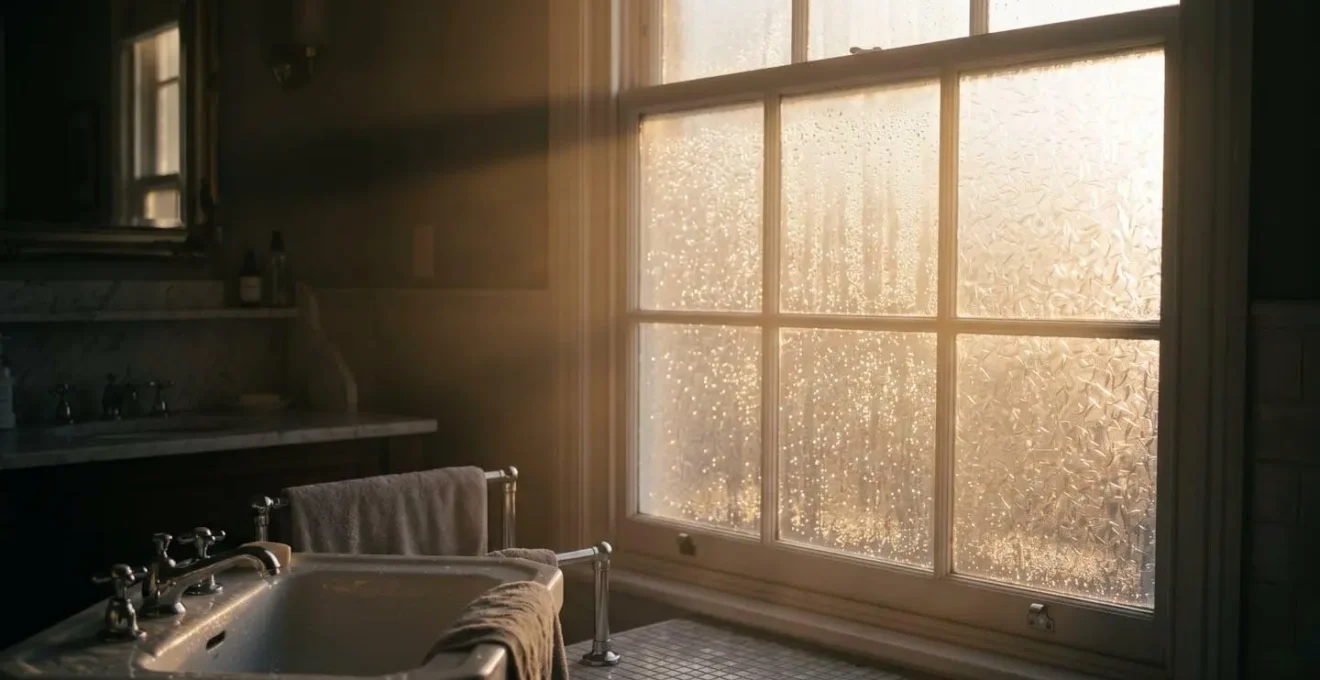 Morning light streaming through bathroom window with absence of steam