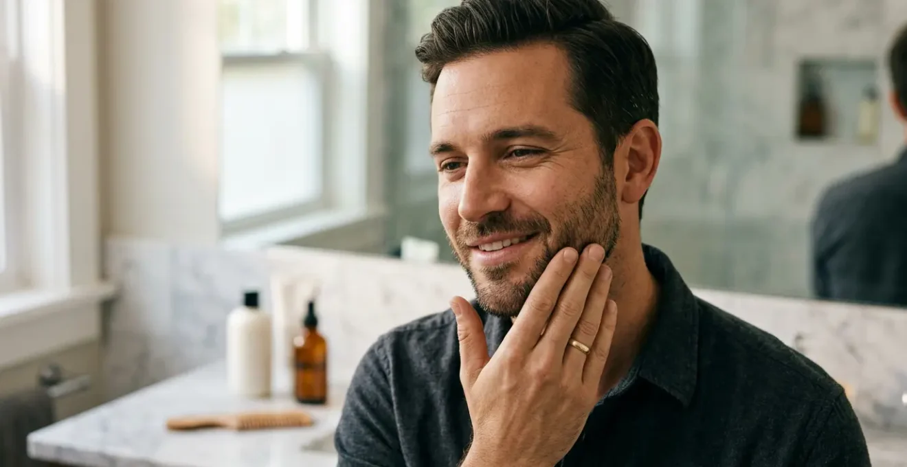 Man experiencing beard grooming in bathroom with warm morning light