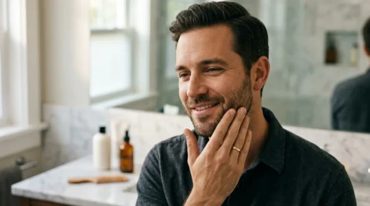 Man experiencing beard grooming in bathroom with warm morning light