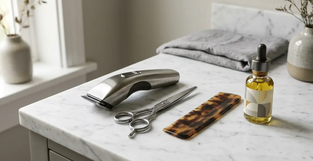 Professional beard grooming setup with clippers and scissors on clean surface