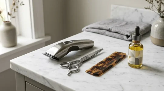 Professional beard grooming setup with clippers and scissors on clean surface