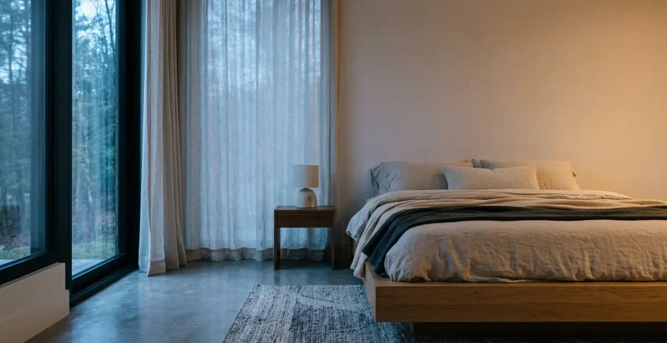 Modern minimalist bedroom optimized for sleep with soft ambient lighting and clean design