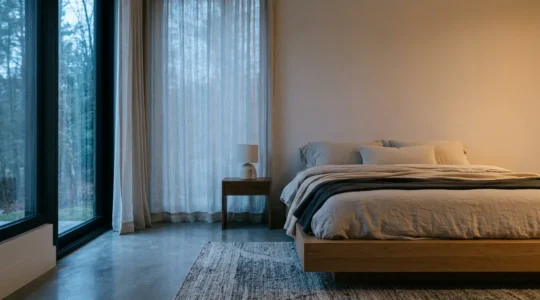 Modern minimalist bedroom optimized for sleep with soft ambient lighting and clean design