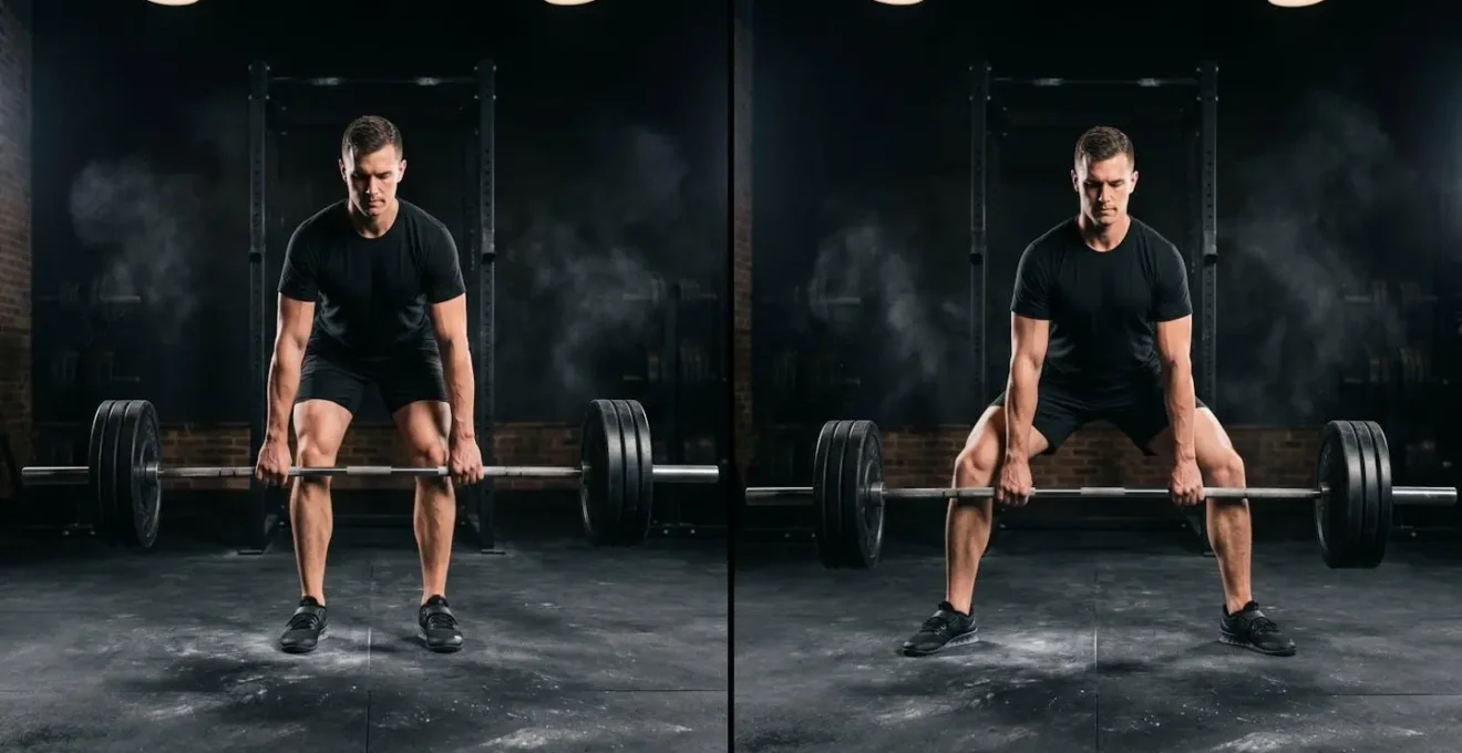 Split-screen comparison showing proper form for conventional versus sumo deadlift stance with emphasis on hip positioning