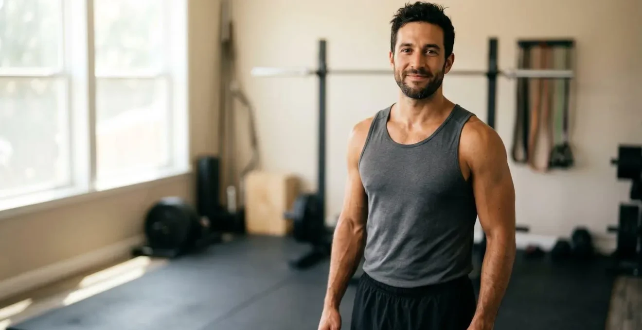 Split view showing same man's physique transformation with improved muscle definition and posture