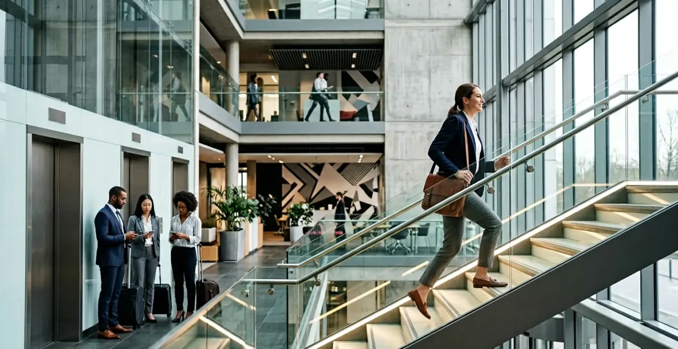 Professional business person taking stairs in modern office building while colleagues wait for elevator