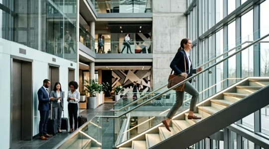 Professional business person taking stairs in modern office building while colleagues wait for elevator