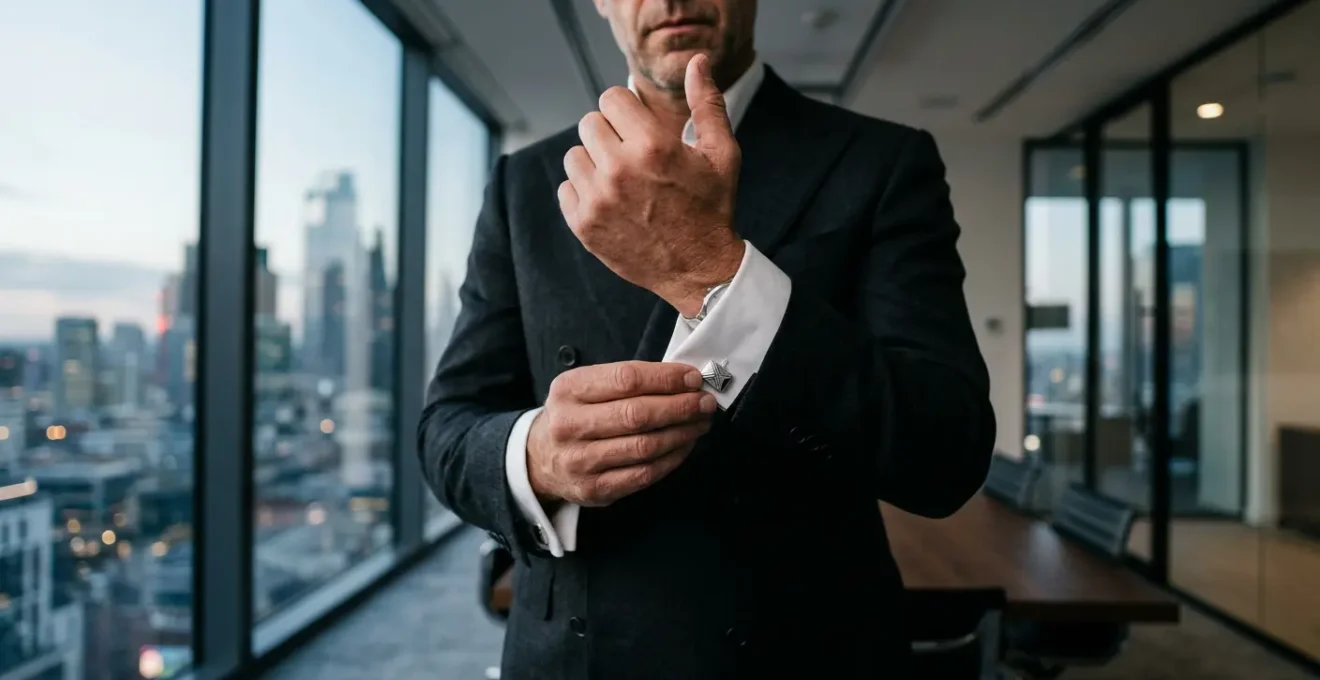 Business executive in dark suit adjusting silver cufflinks in modern boardroom with city skyline view