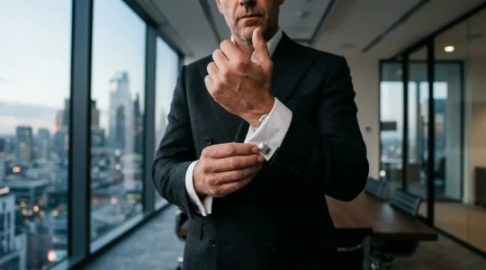 Business executive in dark suit adjusting silver cufflinks in modern boardroom with city skyline view