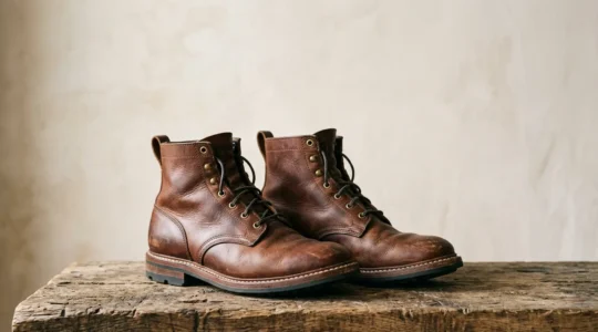 Premium leather work boots with Goodyear welt construction showcasing durability and craftsmanship