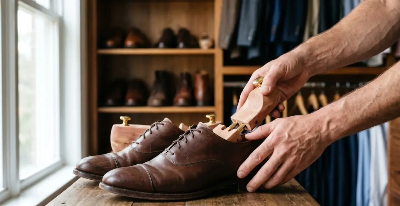 Cedar shoe trees inserted in leather oxford shoes on wooden shelf