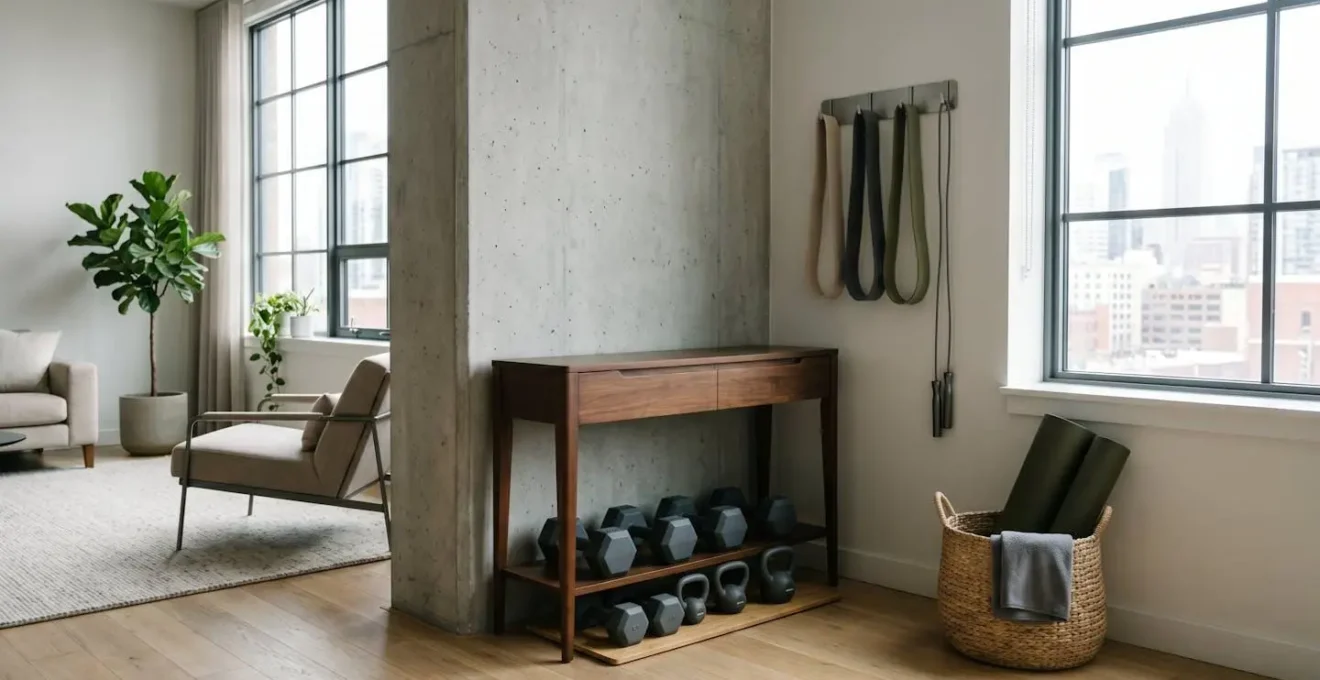 Minimalist home gym setup in small urban apartment