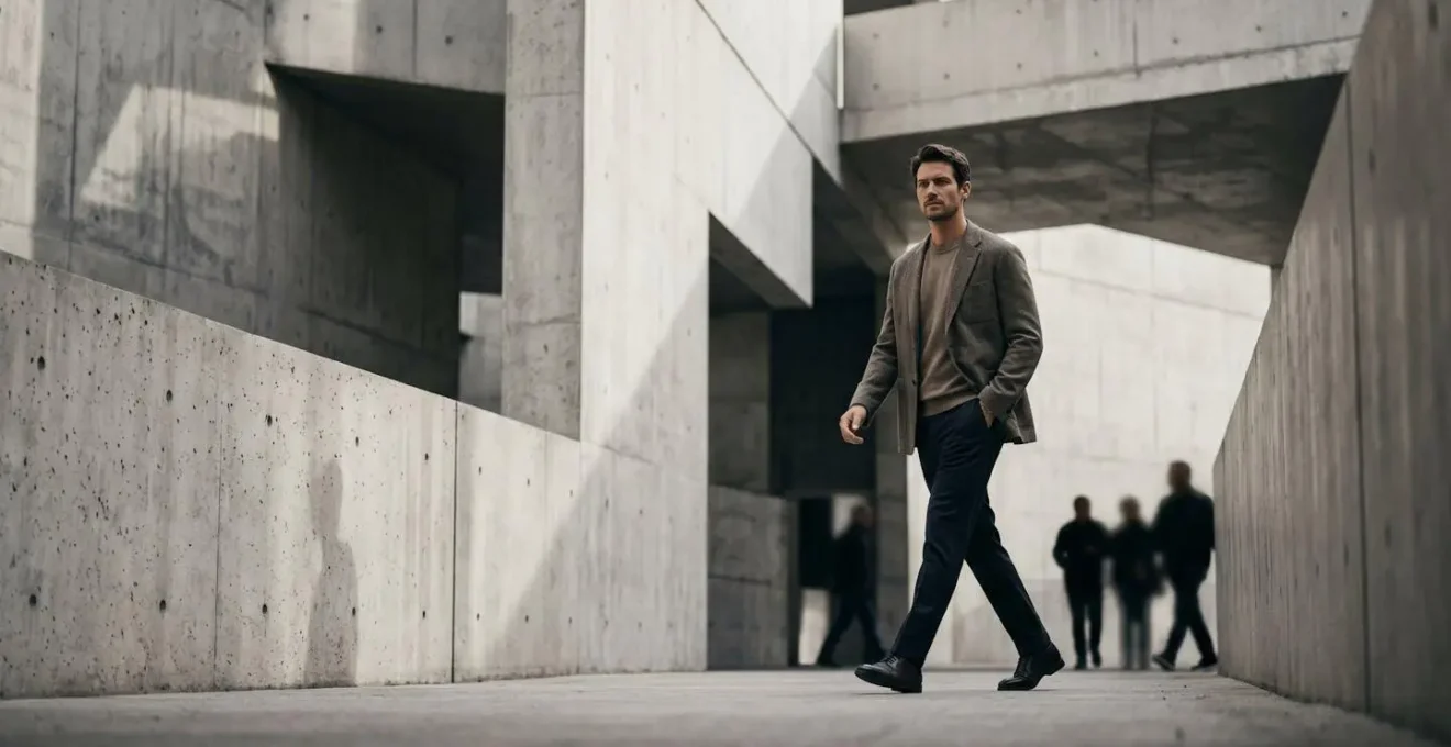 Confident man in distinctive attire walking through minimalist urban space