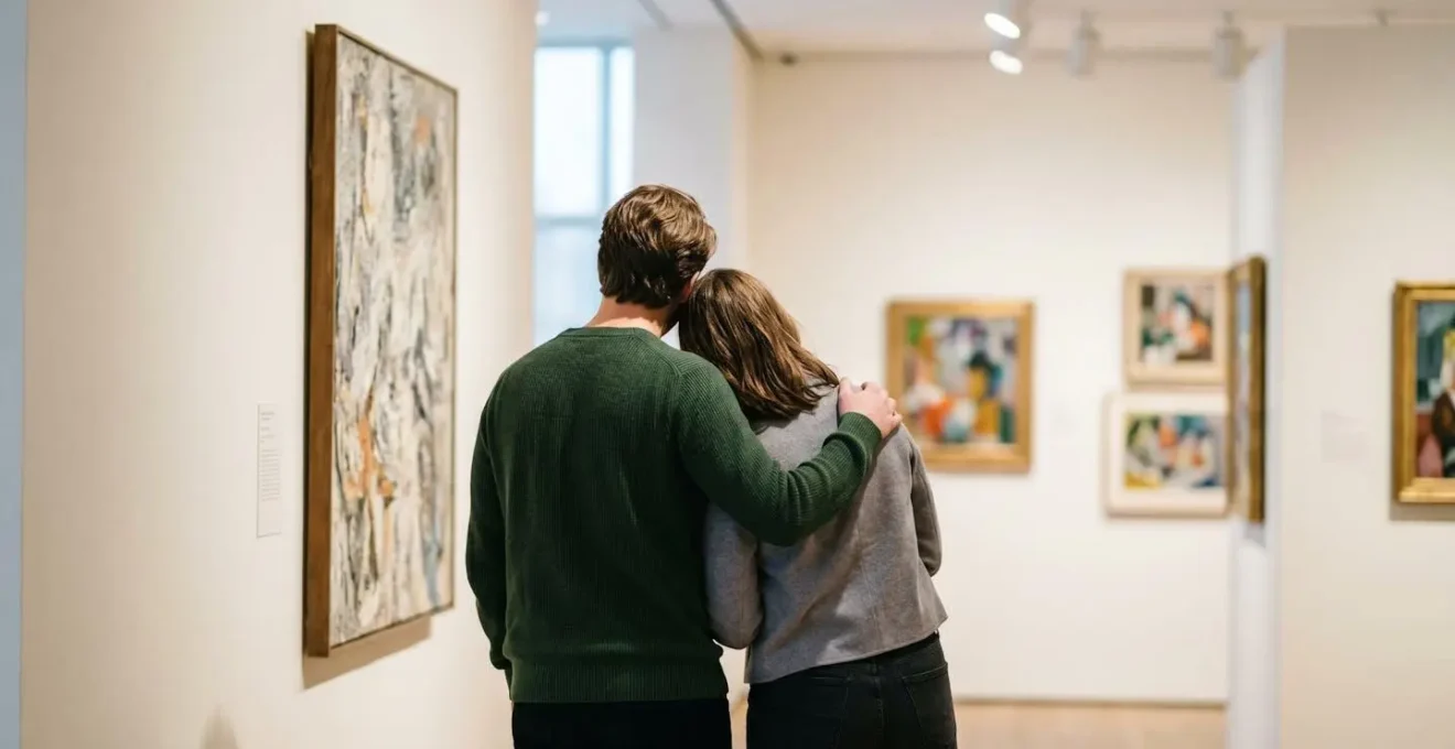 Two people engaged in viewing artwork in a bright museum gallery space