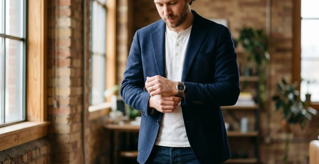 Man wearing deconstructed suit elements mixed with casual pieces in a creative workspace