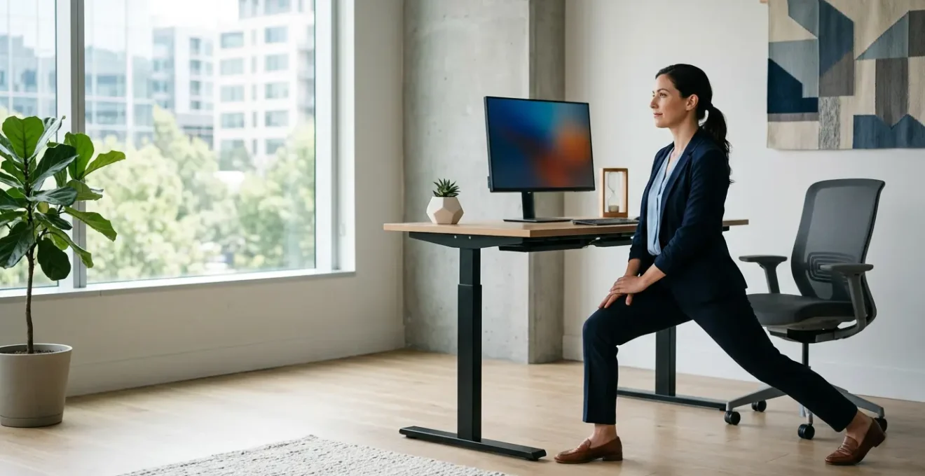 Professional stretching hip flexors in modern office setting