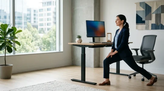 Professional stretching hip flexors in modern office setting