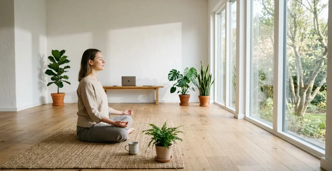 Person meditating in minimalist room with devices placed far away showing digital detox concept