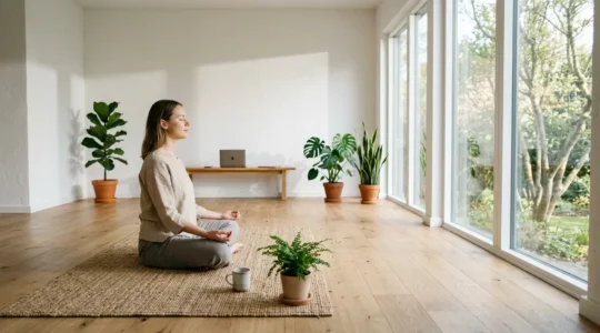 Person meditating in minimalist room with devices placed far away showing digital detox concept