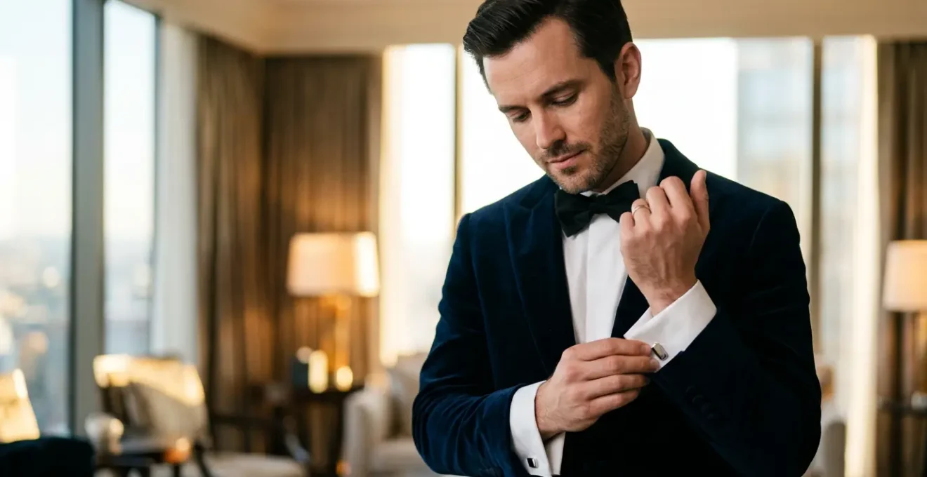 A refined gentleman adjusting his tuxedo cufflinks in preparation for a formal event