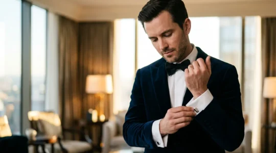 A refined gentleman adjusting his tuxedo cufflinks in preparation for a formal event